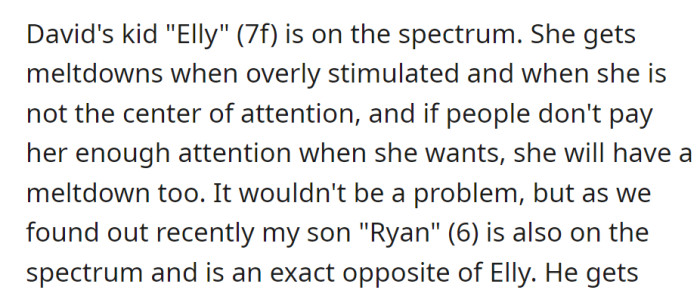 David's daughter Elly (7) has spectrum-related meltdowns, especially when she is not the center of attention. The narrator's son Ryan (6), also on the spectrum, exhibits opposite behaviors.