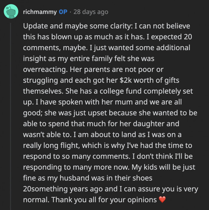 OP's post received a ton of attention, and not all of it was kind. She said everything is fine after talking to her niece's mom.