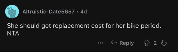 OP should be compensated for her stolen bike.