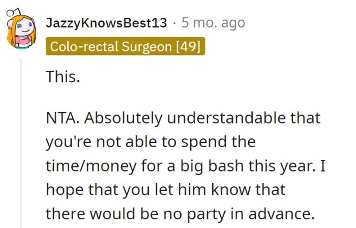 She's in the 'no-party planning committee' this year!