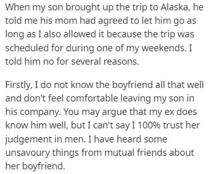 OP told his son that he can't go on the trip for multiple reasons