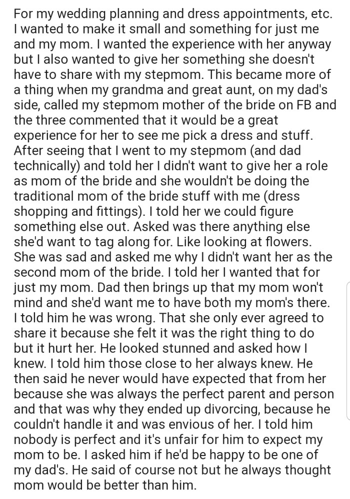 OP, in preparation for her wedding, made it clear to her stepmom that she wanted the position of 