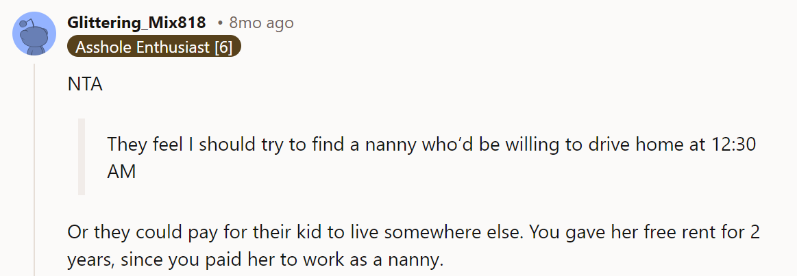 I think they’re talking about the parents paying her rent rather than OP.