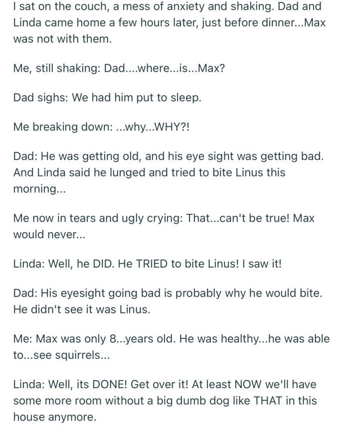 Unfortunately, Linda lied to OP’s dad that Max attacked her dog. Consequently, dad had to put Max to sleep
