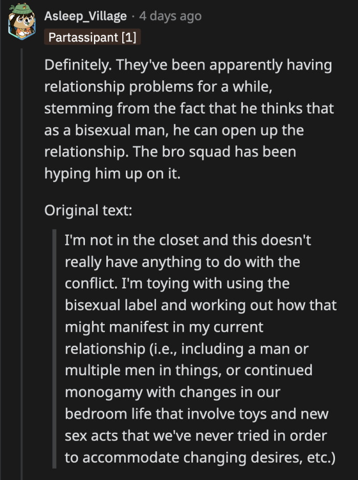 Is it telling that OP called his marriage his 