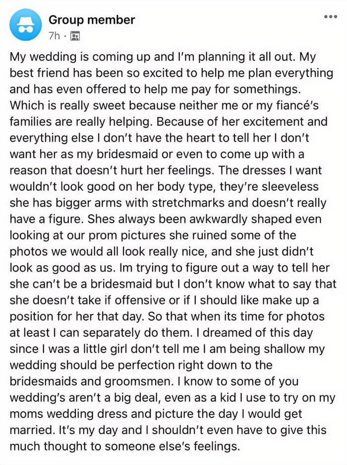 10. Yes, you may pay for a portion of my wedding expenses, but you won't be invited because your body type will ruin my photos.