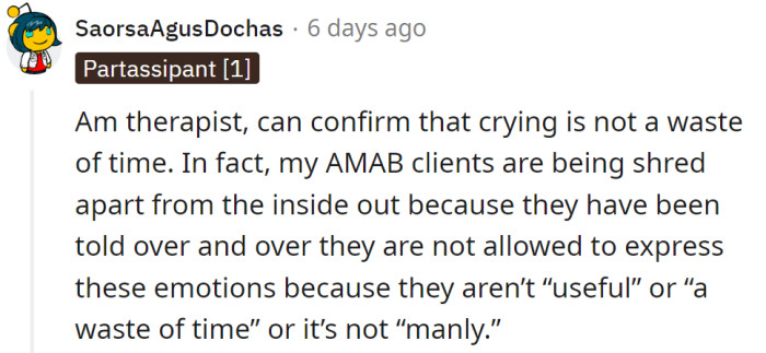 One therapist said that crying is a healthy way to deal with emotions