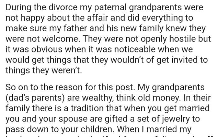 The OP's paternal grandparents were not happy about the affair