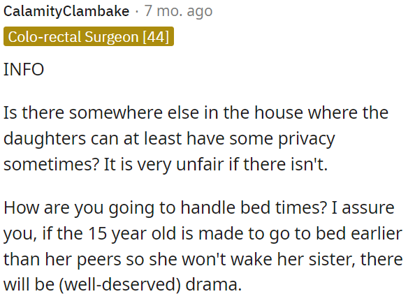 OP needs to think about her daughters' privacy and bedtime schedules.