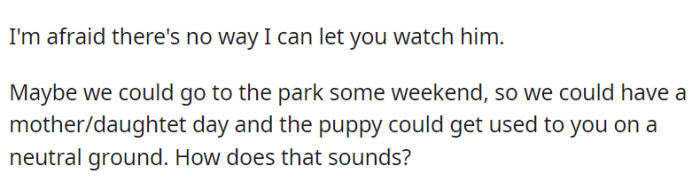 OP can't allow the other to watch the puppy but suggest a mother/daughter day at the park for introductions.