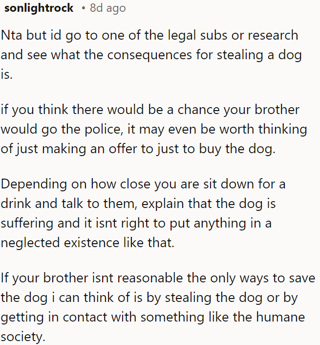 If OP's brother might involve the police, OP can consider offering to buy the dog instead.