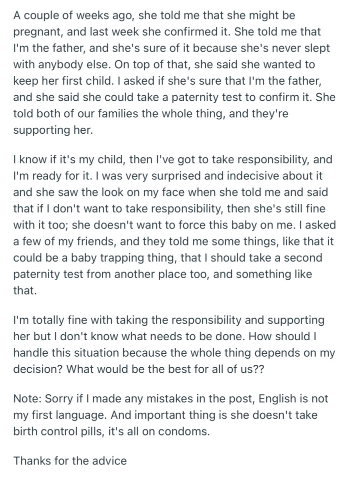 She Recently Announced That She’s Pregnant and He’s the Father. However, His Friends Have Advised a Paternity Test