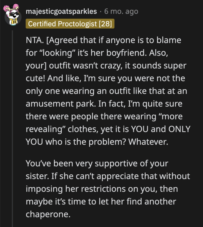 What is she going to do about all the other women in the amusement park that day who didn't dress according to her church's rules?