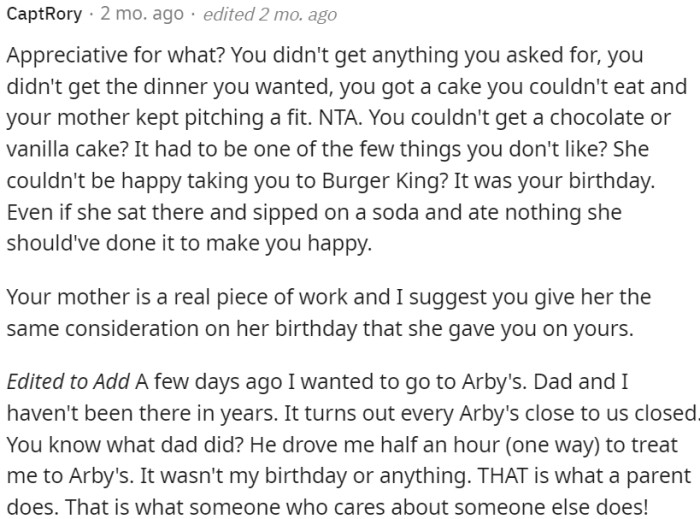 OP feels disappointed and hurt by his mother's actions on his birthday.