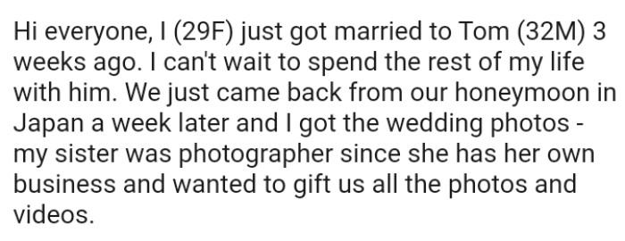 The couple just came back from their honeymoon, and the OP got her wedding photos.