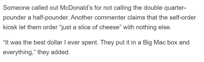 Then one commenter pointed out that there's an option to get just cheese, which might help resolve their issue.