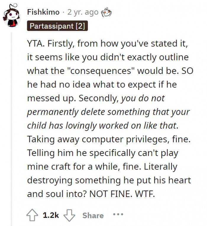 True, the terms of the consequences were not discussed with the children. Now it’s totally unfair for the OP to just decide to delete her son's creations.