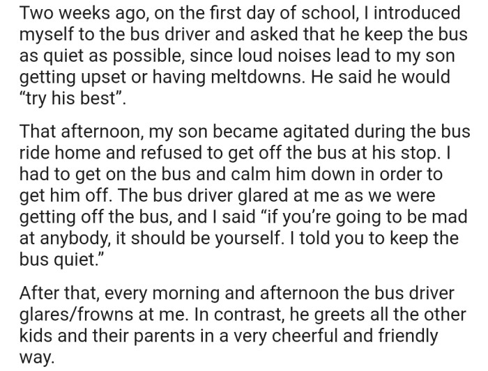 OP slammed the bus driver for not keeping the bus quiet enough for her autistic son's comfort. Ever since his attitude has changed towards them