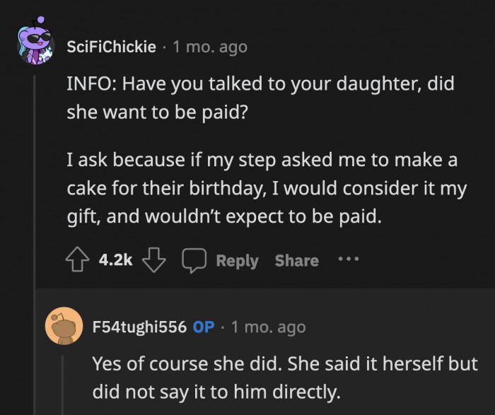 OP said her daughter told her that she was expecting to be paid for the cake but didn't say the same thing to her stepdad