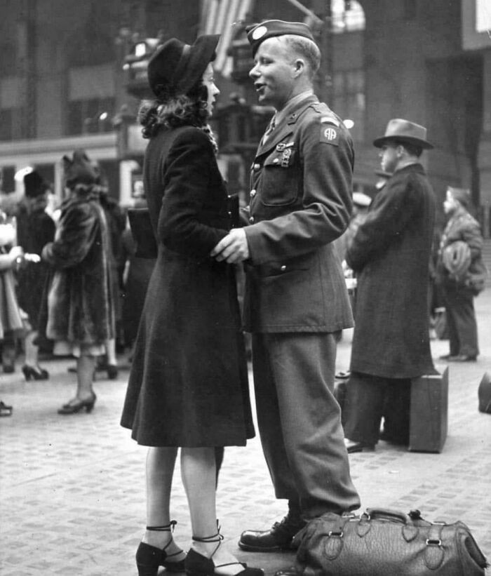 "A Paratrooper of the 82nd Airborne Division Bids Farewell to His Gal at Penn Station in New York on His Way to the European Theater, 1943."