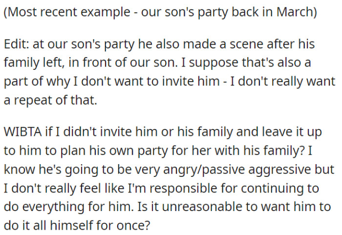 OP is considering not inviting her ex-husband and his family to their daughter's birthday party and making him plan it himself this time.