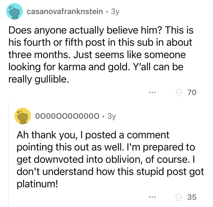 Some users suspected the post might be fake, considering OP's post history.