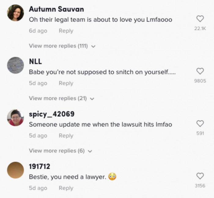 Some opined that she was exposing herself to legal action by talking about it online.