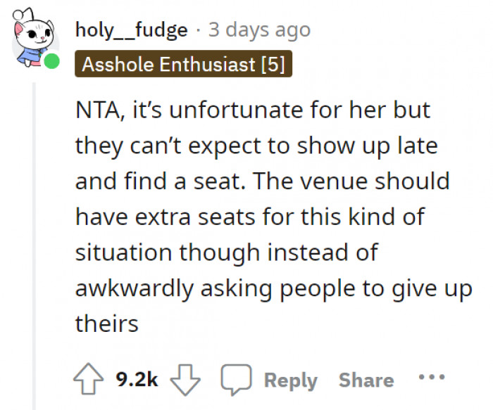 Here's what people on Reddit have to say, and the majority (if not all) of them agree that OP is not, in fact, the asshole in this situation: