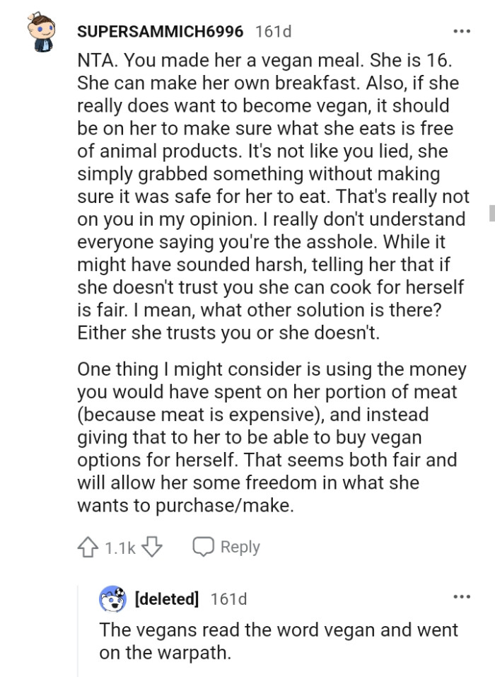 She can cook for herself since she doesn't trust the OP.