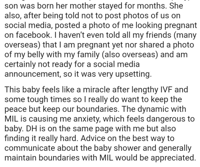 The baby feels like a miracle after lengthy IVF and some tough times, so the OP really does want to keep the peace
