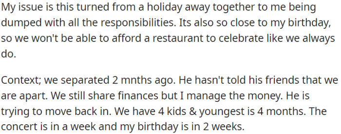 OP and her spouse are currently living apart, but their friends are unaware of this situation.