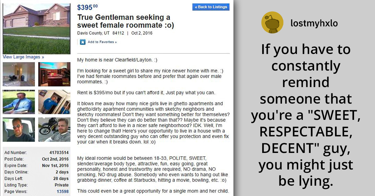 Redditor Shares Creepy Post of "Mr. Nice Guy" Who Is Looking for a Female Roommate Within an Age Range; Redditors React