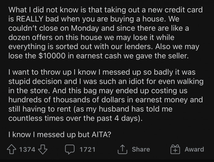 OP's decision ended up messing up the whole purchase.