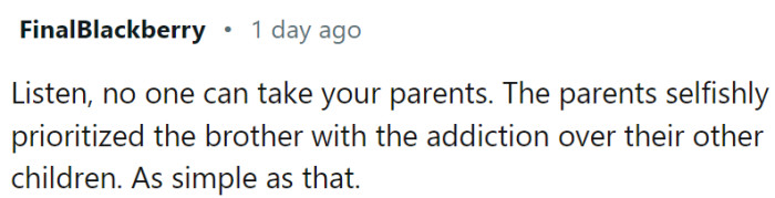 This Redditor has a point. His brother didn't take away his parents from him - they made a choice.