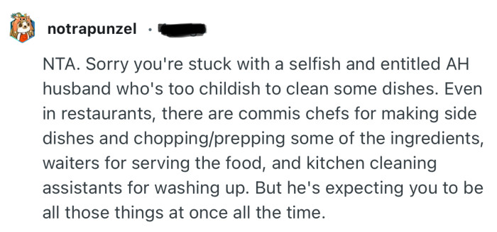 “Sorry you're stuck with a selfish and entitled AH husband who's too childish to clean some dishes.”
