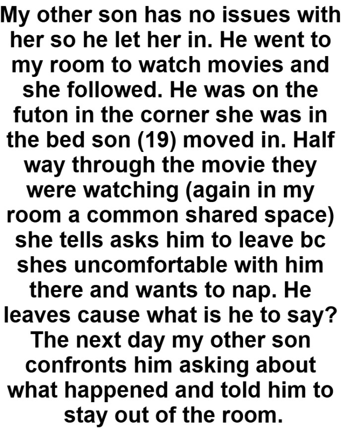 He was on the futon in the corner and the son's girlfriend was in the bed