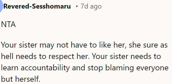 OP's sister must respect OP's wife and take responsibility instead of blaming others.