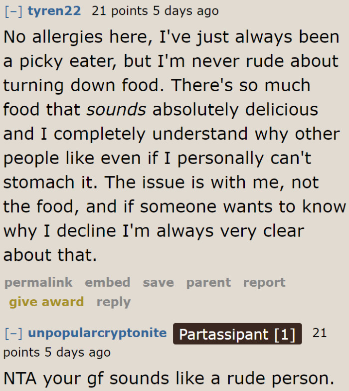 Most users would just turn down the food politely.