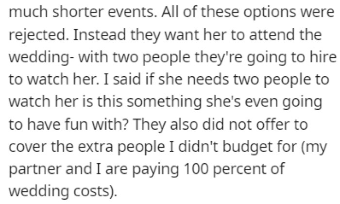 All of OP's ideas were rejected and everyone insisted that she attend the wedding