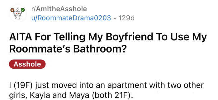 The OP asked if she's an a**hole for allowing her boyfriend to use her roommate's bathroom.