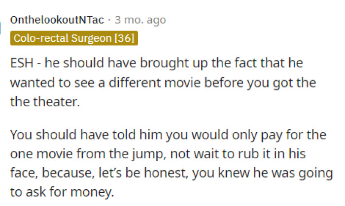This person said that ESH because they both didn't communicate with each other about what they wanted or what the expectations were.