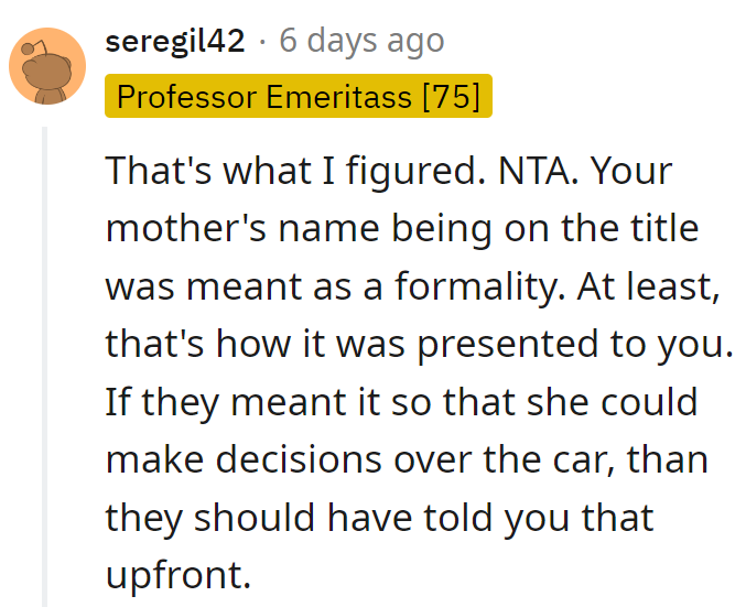 Mom's title cameo was a sneaky formality. If she wanted car control, she should've handed over the keys to clarity upfront!