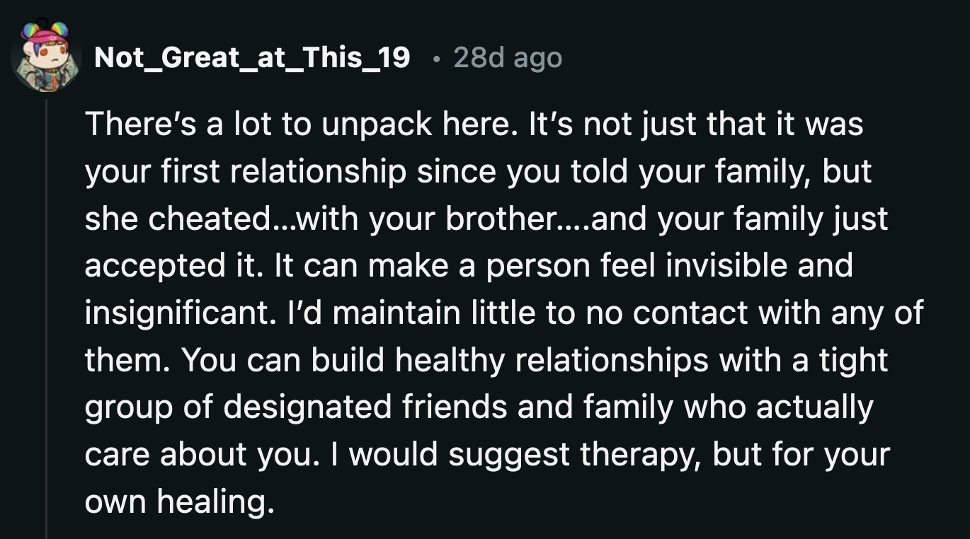 Why are people so quick to demand maturity from the aggrieved party but not from the person who caused harm? OP needs therapy to untangle all of her understandably messy feelings.