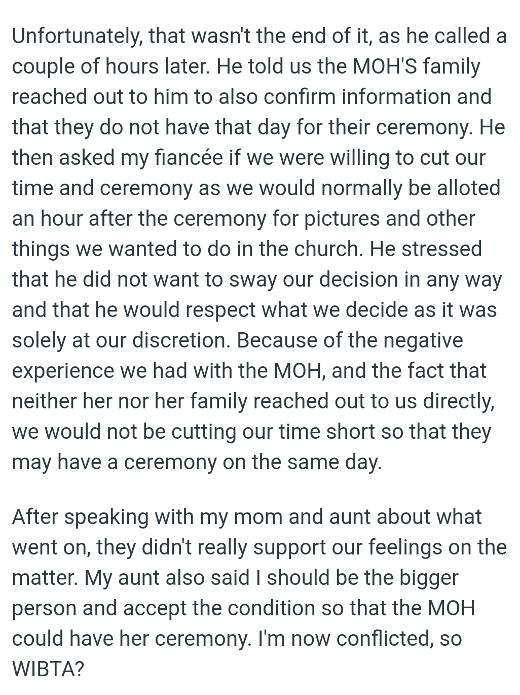 The fact that neither she nor her family reached out to the OP and his fiancée directly