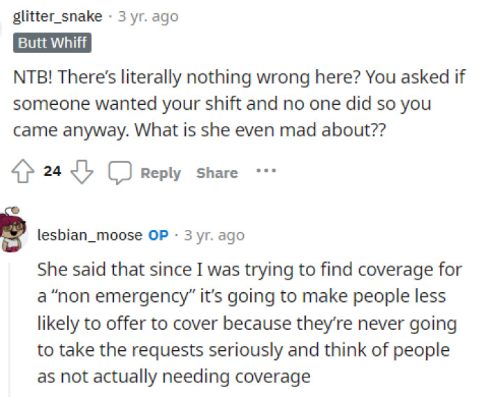 OP replied to this comment and gave us some more insight into the way her coworker was thinking when she said this to her.