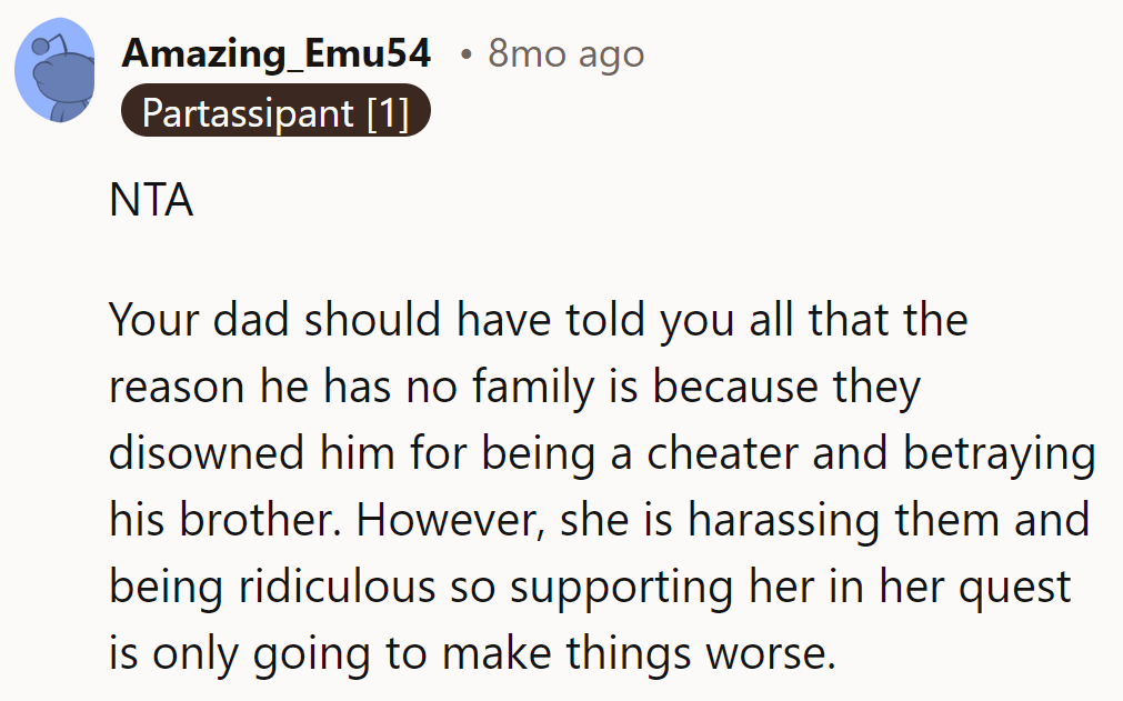 Dad missed the drama—disowned for betrayal. Supporting sis? Adding fuel to the fire.