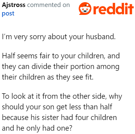 No matter how many children the daughter has, the fairest way to divide the estate is to split it in half.