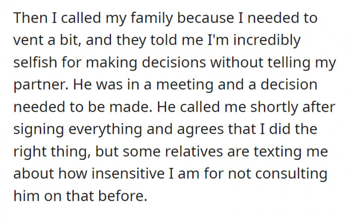 And so the cat underwent surgery because it seemed like the condition was already critical. However, when OP called her family to vent, she was met with an incredulous accusation that she was 