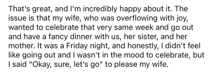 OP's wife wanted to celebrate her son's first words, but OP wasn't in the mood to celebrate.