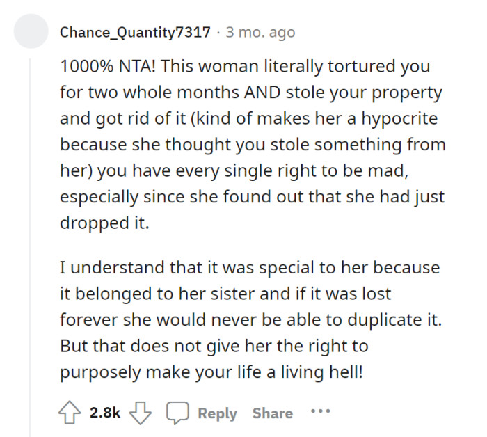 That’s the issue because OP’s mom just assumed everything and punished her own child over an accessory. If only there had been an investigation before reaching a conclusion without the facts.